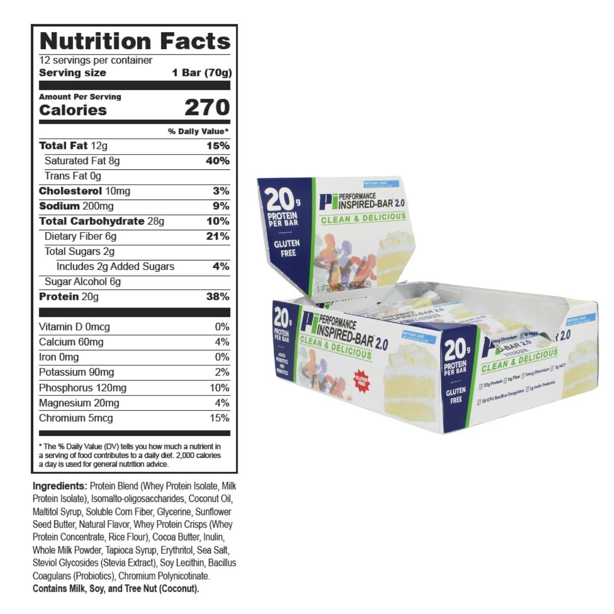 Performance Inspired Nutrition - Protein Bar 2.0 – 20G Protein - 6G Fiber - 3G MCTs - 1 Billion CFU Probiotics – 1G Prebiotics - G Free – 70G Bar - Birthday Cake - 12 Ct. Box