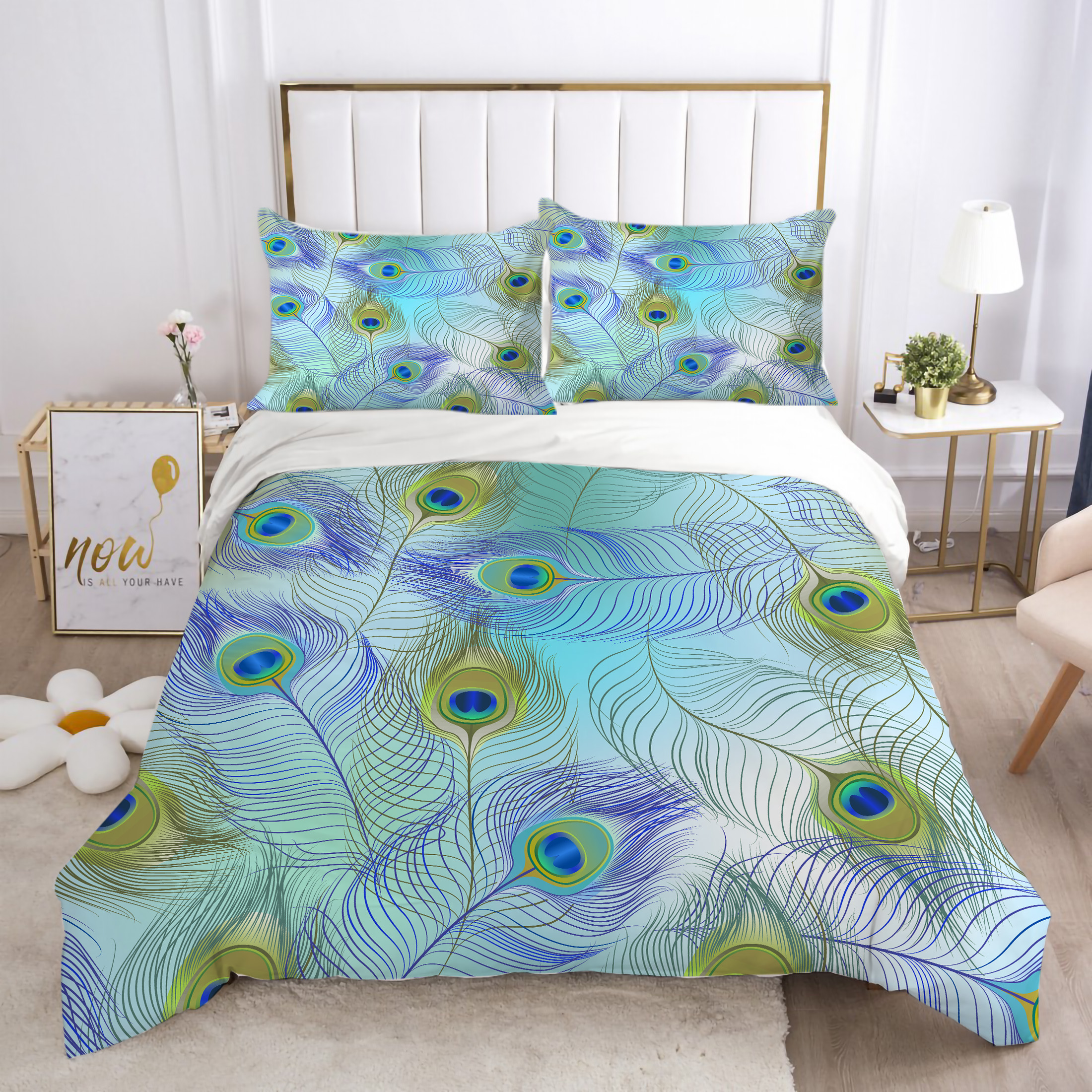 3D Novelty Peacock Feather Bedding Set Queen Size Duvet Cover Boy Teens