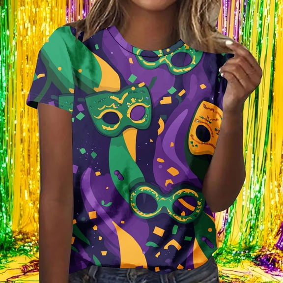 Craaazy Women's Mardi Gras Short Sleeve Tops Loose Crewneck Carnival Shirts Gifts
