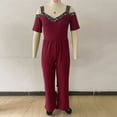 thumbnail image 2 of MORTTIC Plus Size Women's V-Neck Short Sleeve Wide Leg Jumpsuit with Rhinestone Detail Elegant Summer Romper Wine Red，3XL, 2 of 4