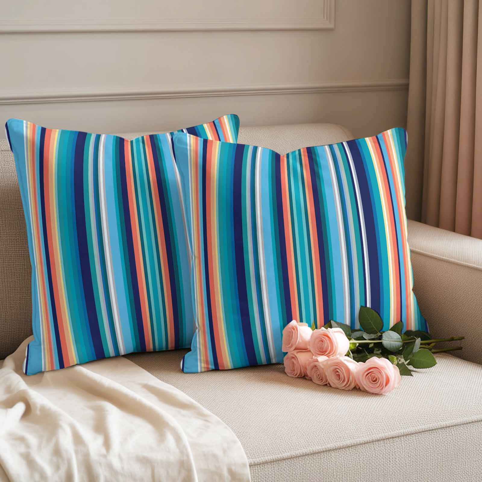Mexican Style Outdoor Waterproof Throw Pillow Covers 18x18 Set of 2, Colorful Mexico Stripes Light Blue Decorative Pillowcases Cushion Pillowcase for Couch Sofa Patio Outside Pillow Protector