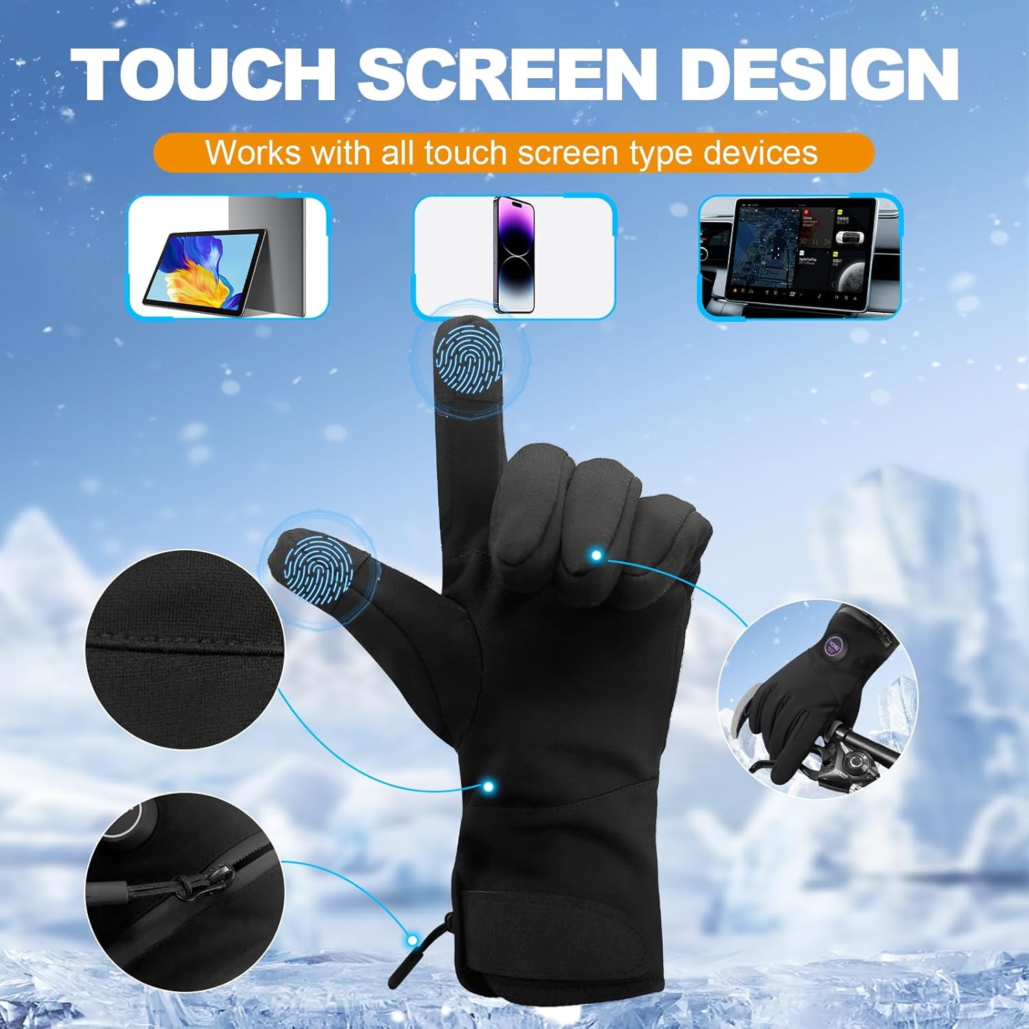 Uncn Men Women Rechargeable Heated Gloves - 3 Heating Zones USB Charging Full Finger Gloves, Cotton Blend Sporty Ski Gloves Winter Warmth,M