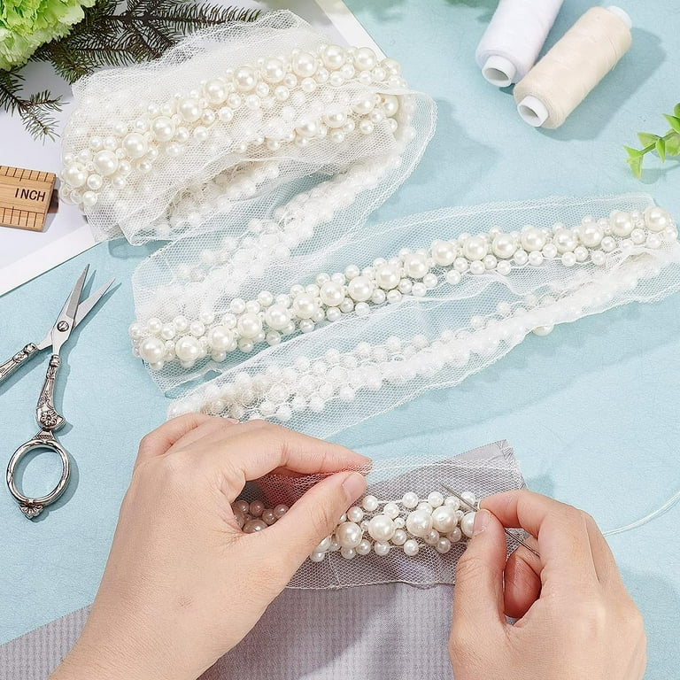 1bags 2 Yards 1.8 inch Pearl Beaded Trim White Polyester Mesh Lace Applique Trim Bridal Dress Edging Trim with Pearls Decorative Lace Trim for Wedding