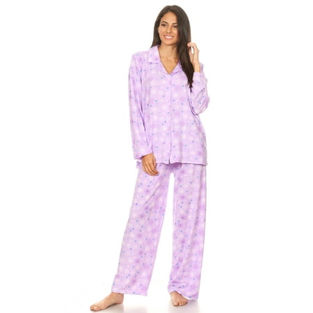 

Lati Fashion Women Sleepwear Pajamas Female Long Sleeve Button Down Pajamas set Purple XXL