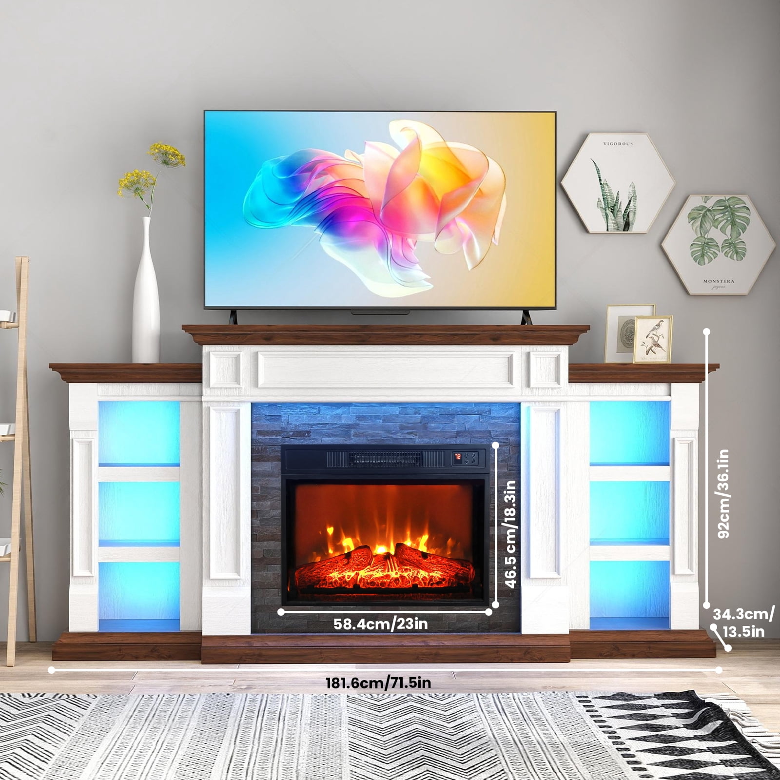 Electric Fireplace with 70" Mantel & LED Lights, Stacked Stone Surround with 23" Fireplace Insert, Adjustable Flame, Remote Control, White & Brown