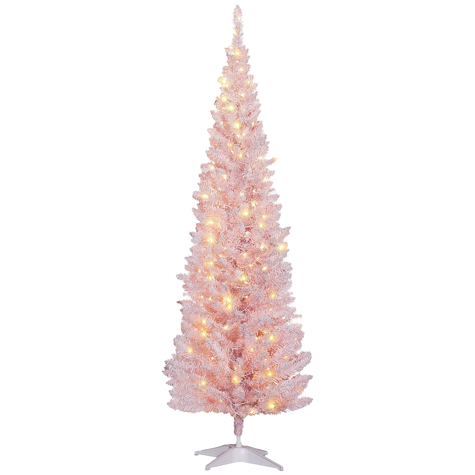 6ft Pencil Christmas Tree, Slim Artificial Christmas Tree with Realistic Branches and Warm White LED Lights, Pink