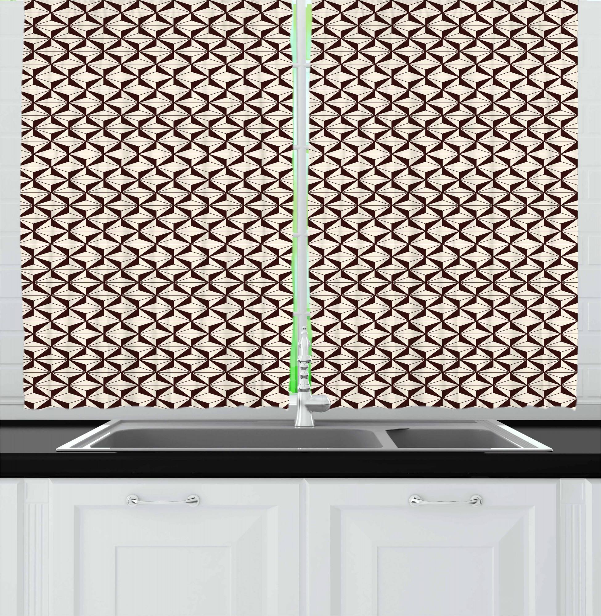 Brown and Beige Kitchen Curtains, Polygonal Pattern with Abstract