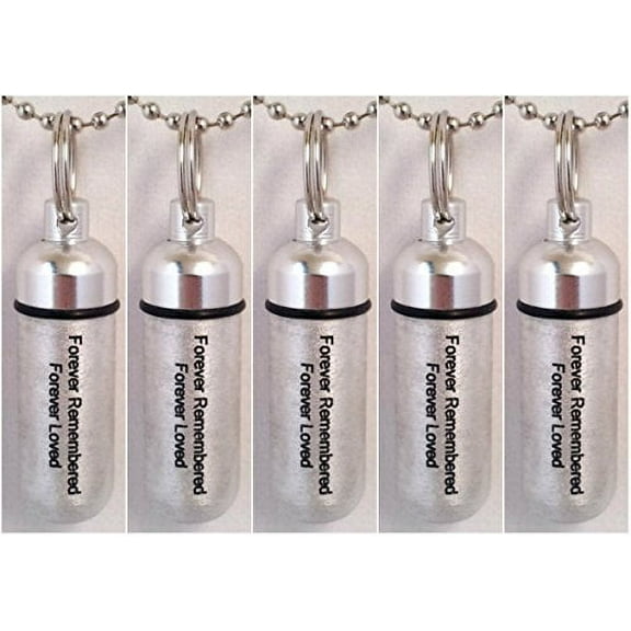 Set of 5 - Brushed Silver Finish CREMATION URN Keepsakes LASER ENGRAVED - "Forever Remembered, Forever Loved" with Velvet Pouches, Ball-Chains & Fill Kit