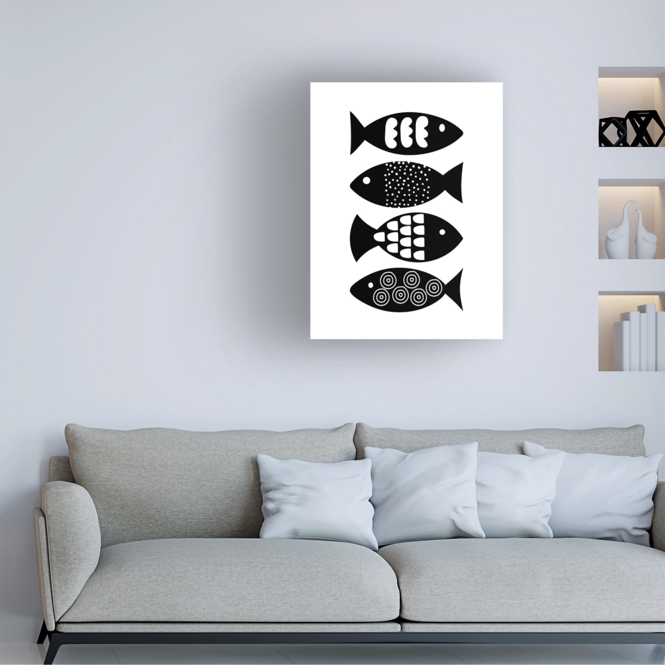 Canvas Wall Art - Tom Quartermaine 'Scandinavian Black and White Abstract Fish' Wall Art for Living Room, Bedroom, or Office Décor by Trademark Fine Art - 14 x 19 Inches