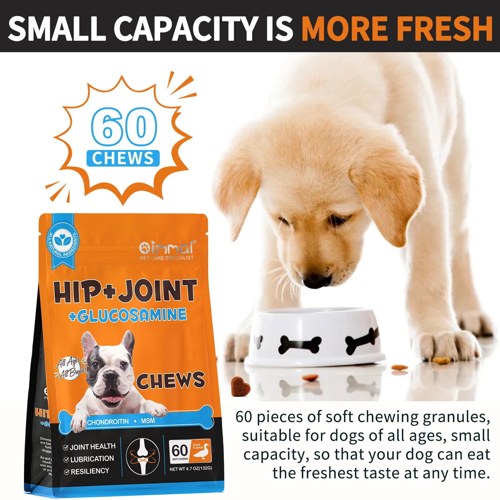 Oimmal Hip and Joint Supplement for Dogs - 60 Soft Chews(Duck Flavor) with Glucosamine Chondroitin, MSM, Help Dog Joint Health, Fresher in Smaller Packages - 5pack