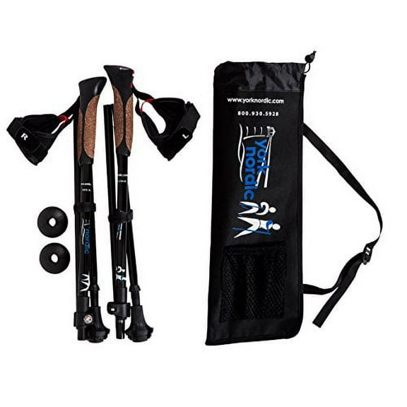 York Nordic Ultralight Shorter Length Traveler Trek Folding Walking Poles - 8 oz Each - w/Carrying Bag & Rubber Feet, 5ft 4in and Under
