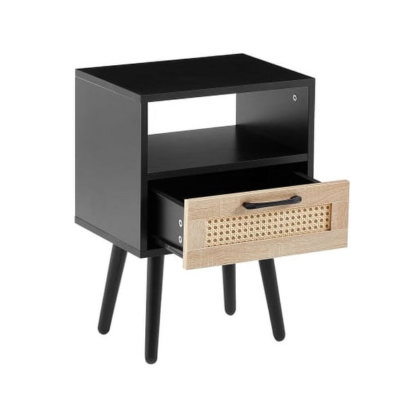 Cterwk Wood Nightstand End Table with Drawer and Open Shelf, Black