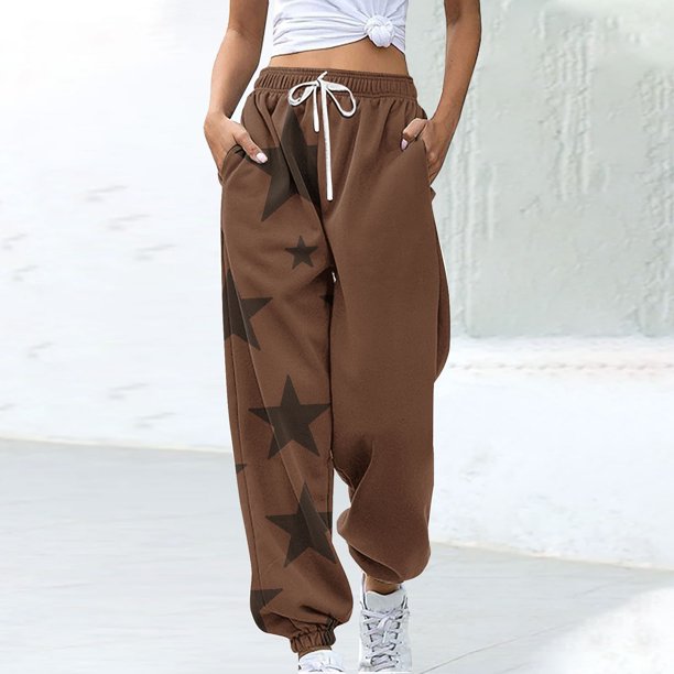 Puntoco Pantalón De Mujer Con Cordón Y Estampado De Estrellas De Moda Marrón Xl
