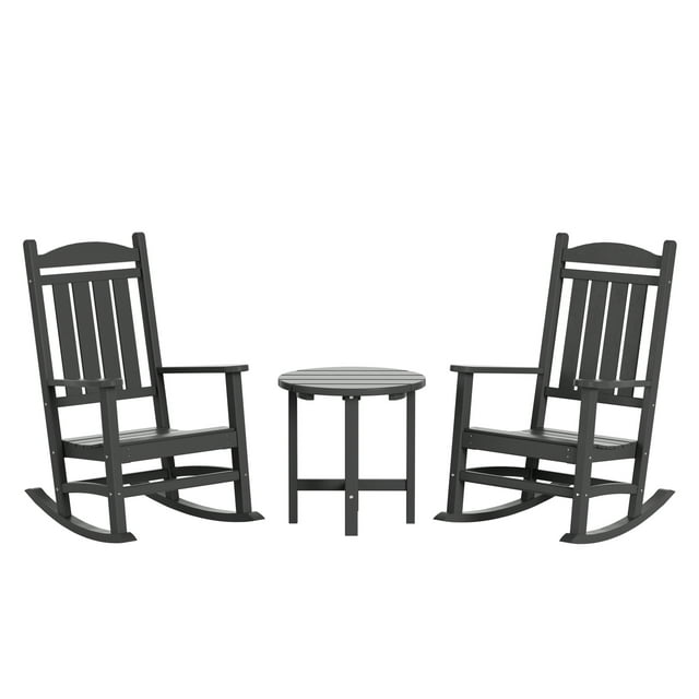 WestinTrends Malibu Classic 3 Piece Outdoor Rocking Chairs Set, All Weather Poly Lumber Adirondack Rocker Bistro Set Patio Deck Porch Chairs Set of 2 with Side Table, Gray
