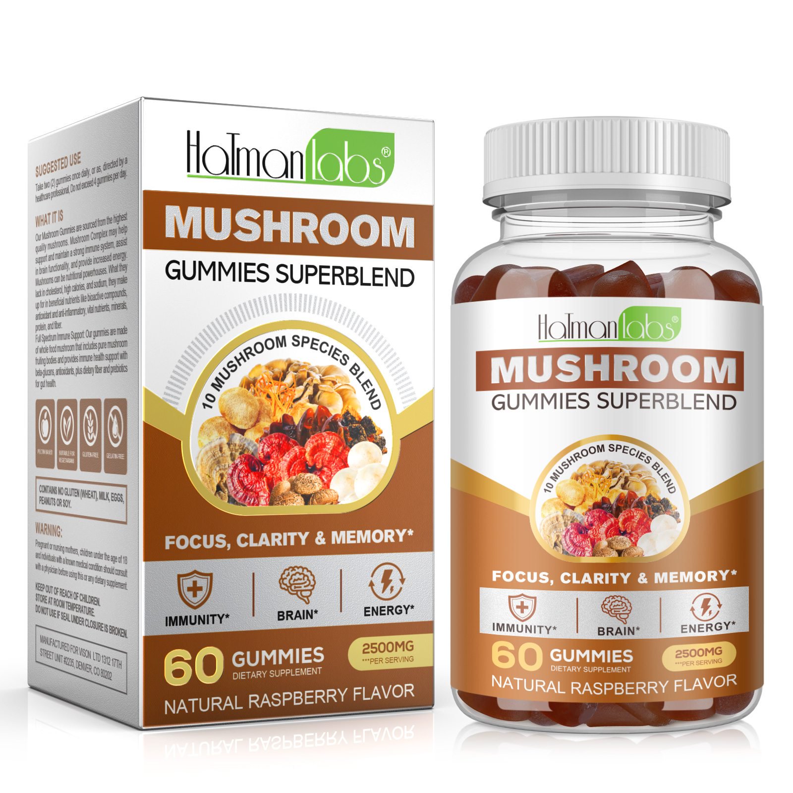 10-in-1 Mushroom Gummies 2500 mg, Daily Immune & Focus Support with Lion's Mane, Cordyceps & Reishi, 60 Gummies