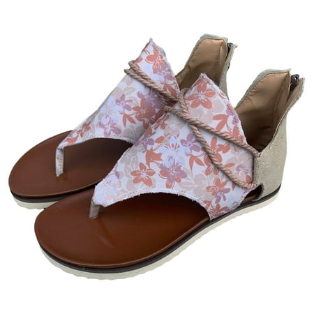 

Chailin Womens Summer Casual Retro Floral Fabric Clip Toe Flat Bottom Outer Wear Lightweight Large Size Sandals