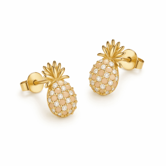 Amy and Annette 18K Gold over Sterling Silver Pineapple Stud Earrings with simulated Diamonds