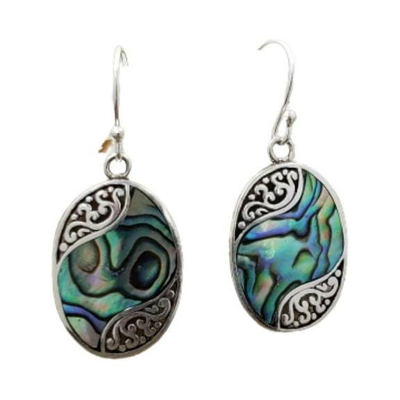 Besheek Sterling Silver and Blue Green Mother of Pearl Oval Drop Earrings