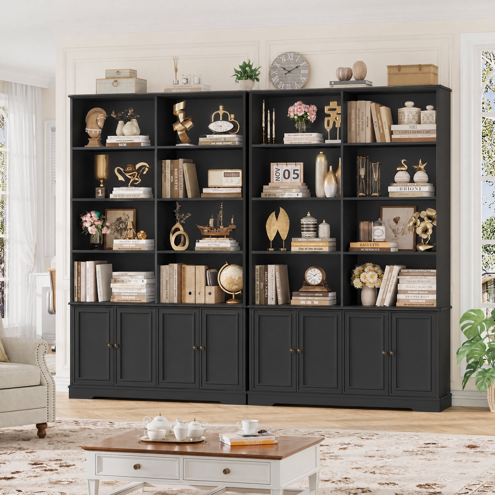 Homfa 73'' Bookcase and Bookshelves with Doors, Double Wide Wood Display Bookshelves for Living Room Home Office, Black