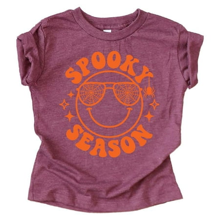 

Spooky Season Smiley Face Halloween Shirts and Bodysuits for Infant Baby and Toddler Youth Girls Orange on Vintage Burgundy Shirt 4T
