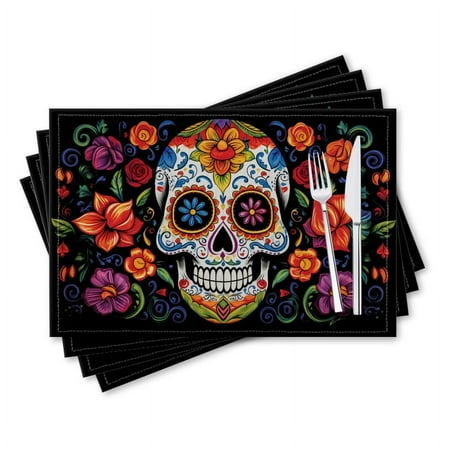 

BaHomeck placemats Set of 4 rectangle Linen Cotton Placemats for Dining Table Washable Heat Resistant 18*12inch Illustration Of Skull With Colorful Floral Design