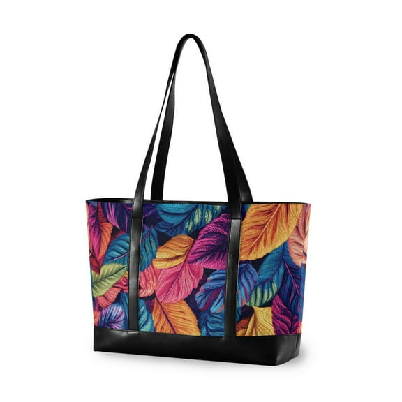 FORMRS Canvas Laptop Tote Bag for Women with 15.6" Computer Compartments Shoulder Handbag, Colorful Art Leaves Pattern