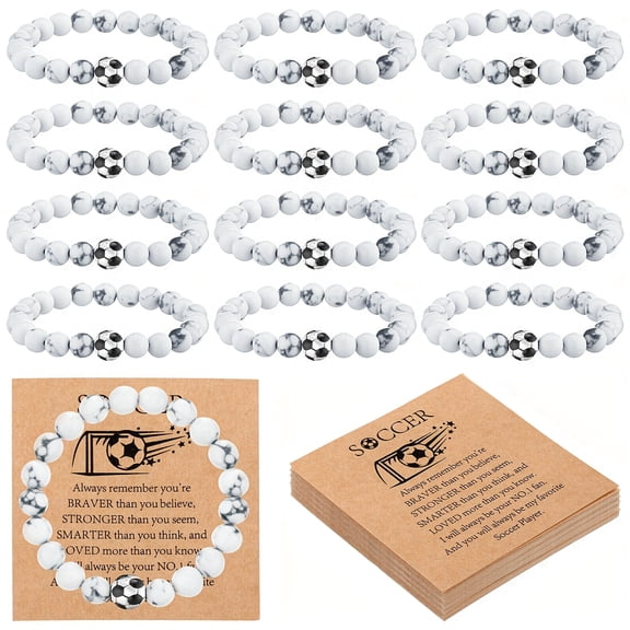 12 Sets Sport Bracelets Lave Stone Beaded Elastic Stretch Bracelets with Inspirational Card Bulk Team for Football Volleyball Golf Baseball Basketball Soccer
