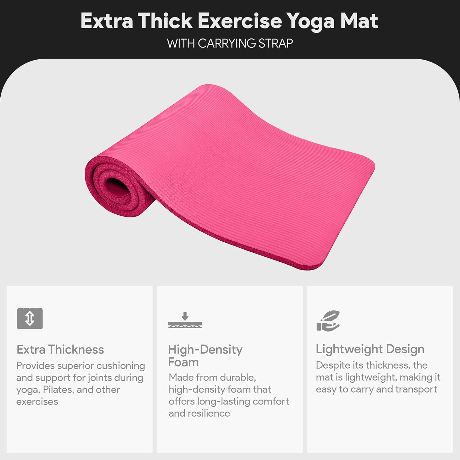 JessieMal Yoga Mat, 1-Inch Extra Thick High Density Exercise Mat, Anti-Tear Exercise Yoga Mat with Carrying Strap, Suitable for Various Yoga Exercises, Multiple Colors