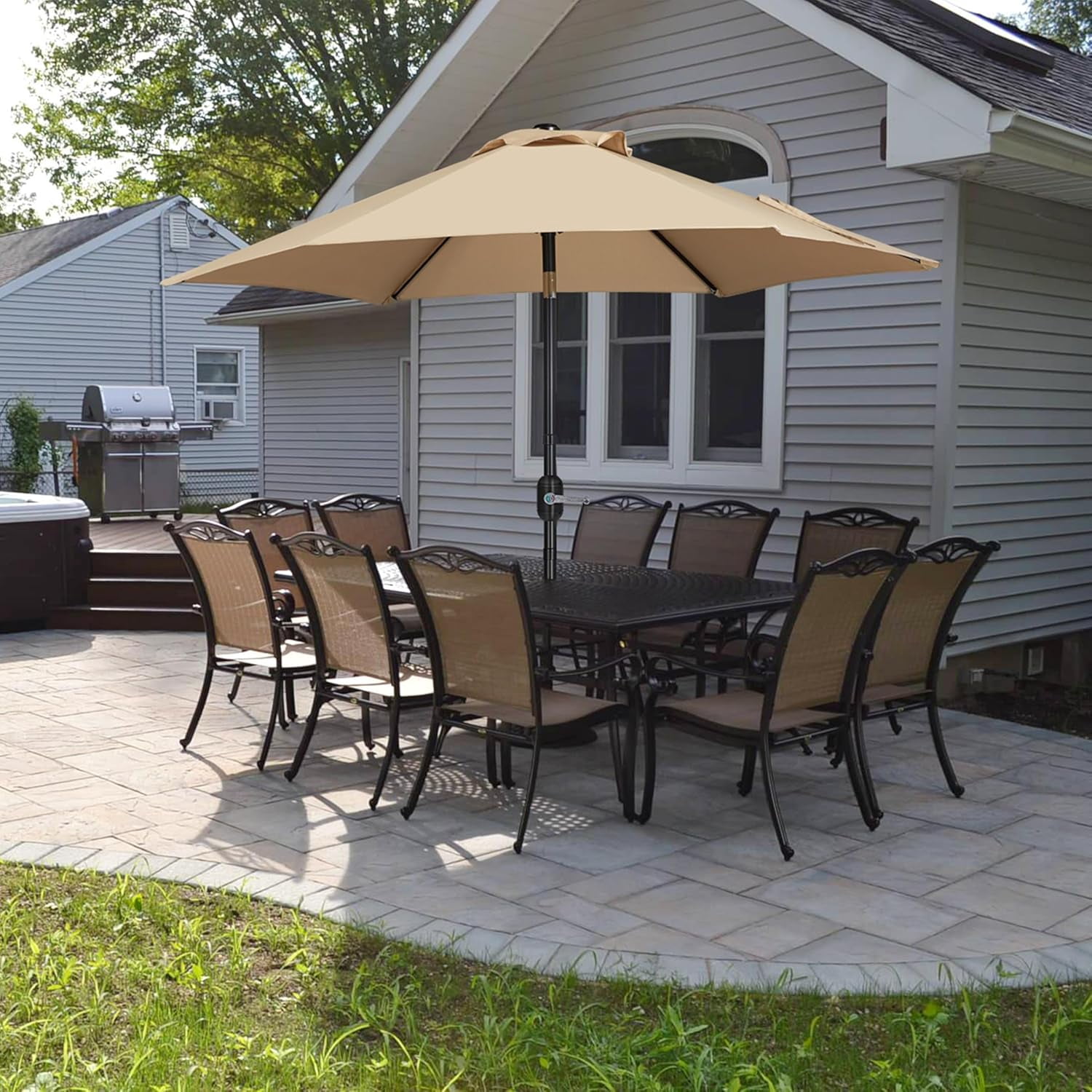 Librala Grace 7.5FT Patio Umbrella Outdoor with Heavy Duty Base Included,Table Umbrella with Push Button Tilt and Crank, UV Protection Waterproof for Yard/Outdoor/Wedding Parties and Events - Tan