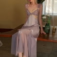 thumbnail image 6 of Suspender Night Dress Double Layer Transparent Mesh Deep V Smooth Satin Charming Lovely Bow for Home Taro Purple M, 6 of 8