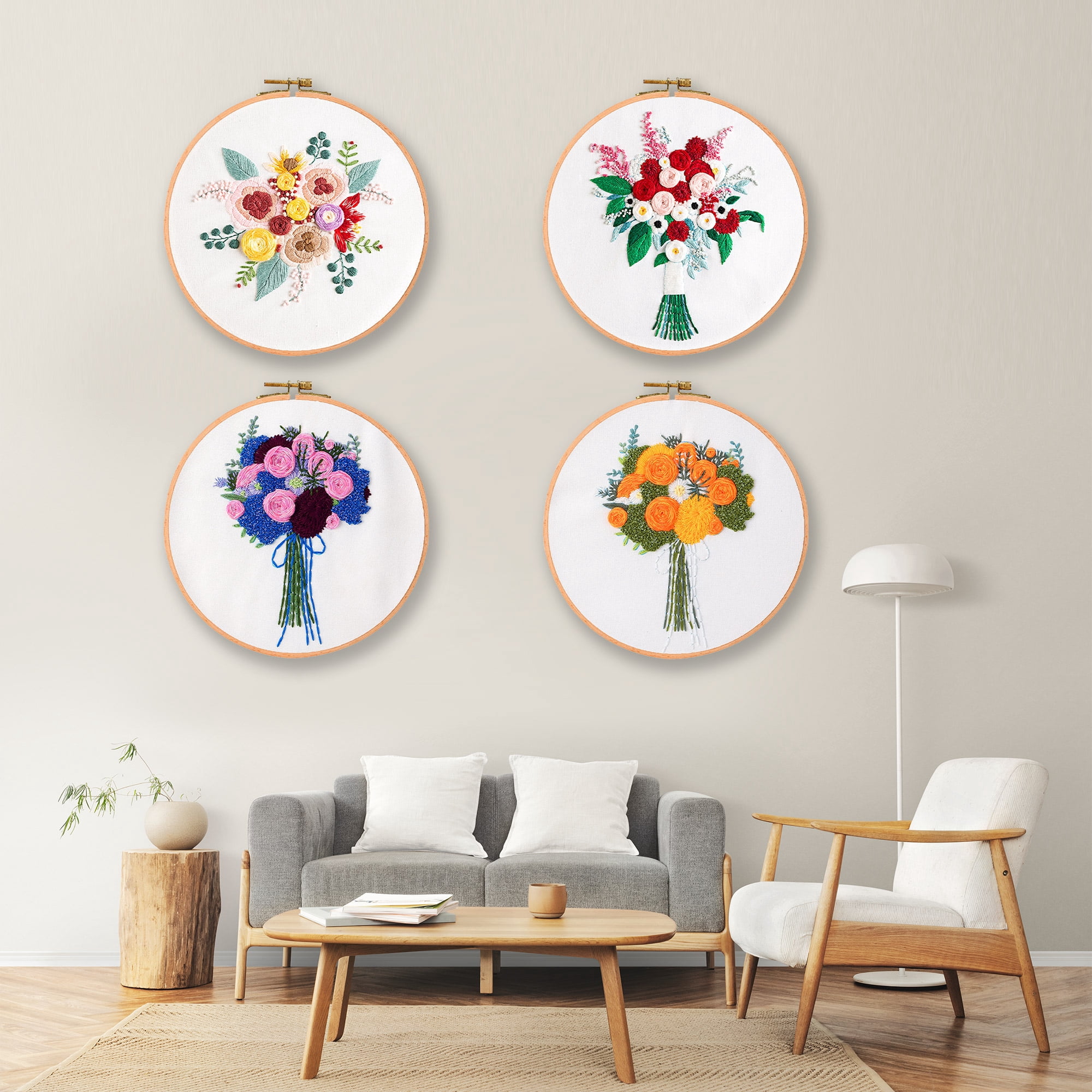 Blingpainting Embroidery Kit for Beginners with Flower Pattern, Cross Stitch kit,4pcs Embroidery Starter Kits Including Embroidery Hoop,Cloth and Color Threads