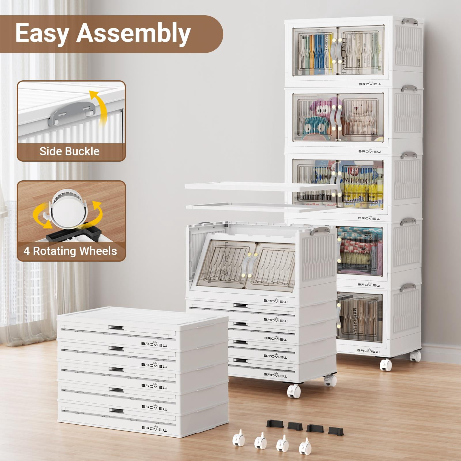 BROVIEW 120Qt Stackable Storage Bins with Lid, Plastic Closet Organizers and Storage Drawer, Collapsible Storage Box with Wheels, Folding Storage Cabinet for Closet Clothes Organization, 3Pack White