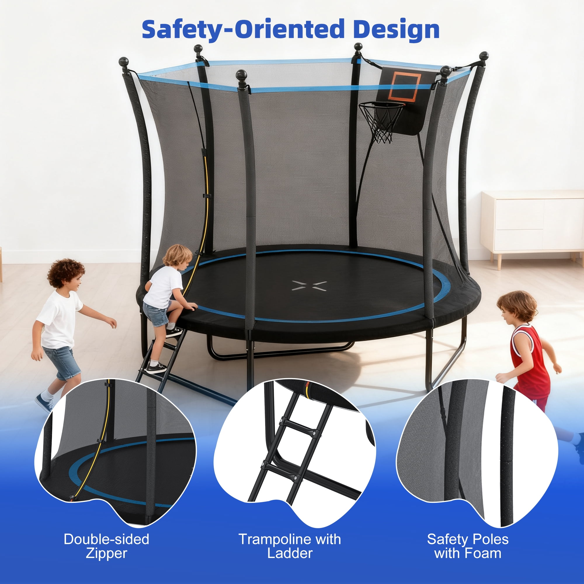 EUROCO 8FT Trampoline with Basketball Hoop and Ladder, 8' Backyard Trampoline for Kids and Adults