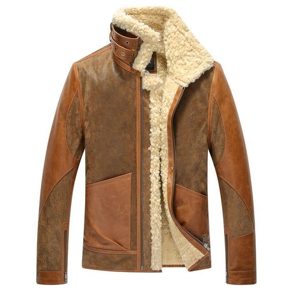 FLAVOR Mens Leather Bomber Jacket Warm Piolt Winter Shearling Jackets Aviator Coat (Medium, Brown)