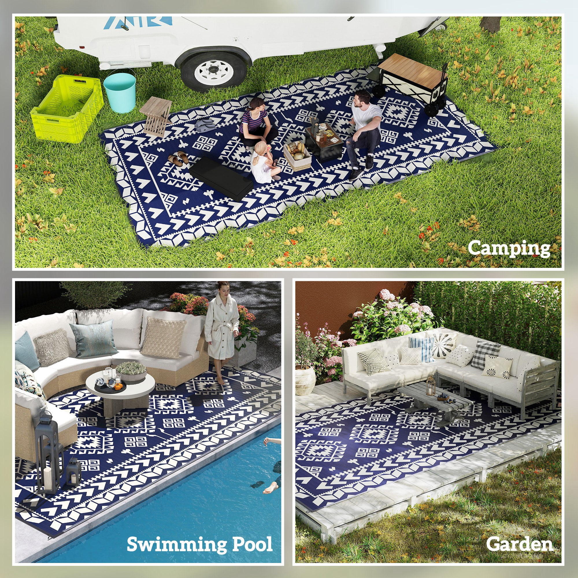 9' x 18' Blue & White Rhombus Patchwork Reversible Outdoor Patio Rug, Waterproof Portable Camping Mat with Carry Bag, Foldable RV Carpet