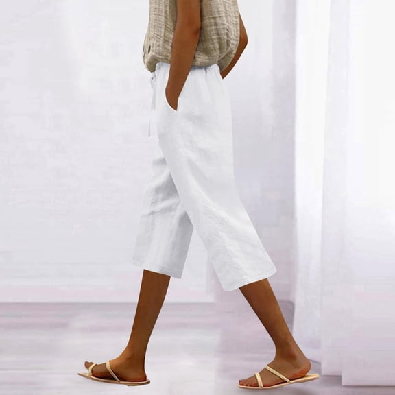 ClodeEU Women's Drawstring Knee Length Shorts with Pockets,Casual Baggy Bermuda Pants White,Womens Plus L