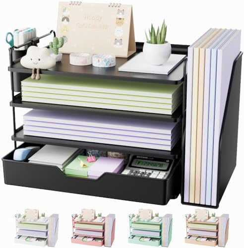Tekola Desk Organizer - 4-Tier Office Desk Accessories with Drawer ＆ Pen Holder, Tool-Free Assembly Organizer with Non-Slip Pads, for Office Supplies Storage, Plastic, 13.3" x 8.0" x 10.8", Black
