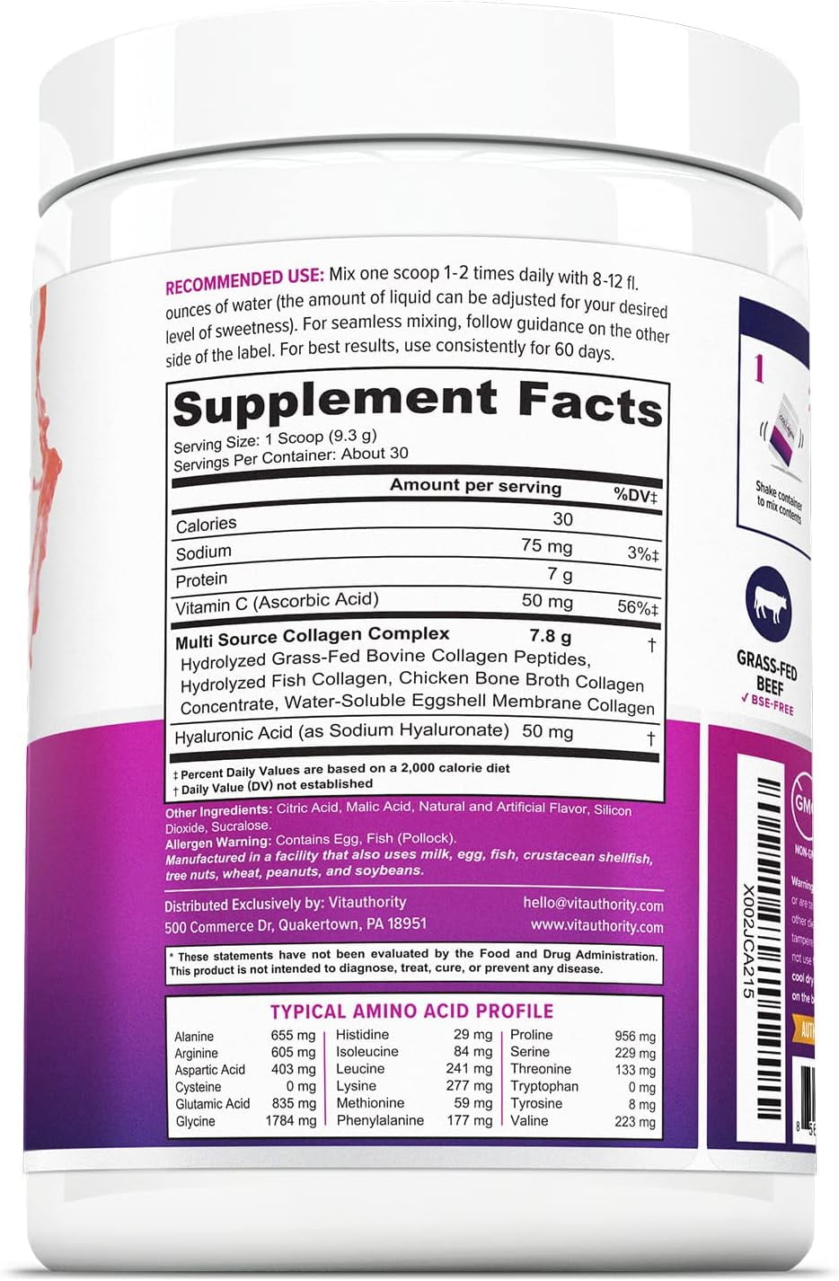 Vitauthority Multi Collagen Peptides Hydrolyzed Protein Powder with Hyaluronic Acid & Vitamin C, Strawberry, 9.7 oz