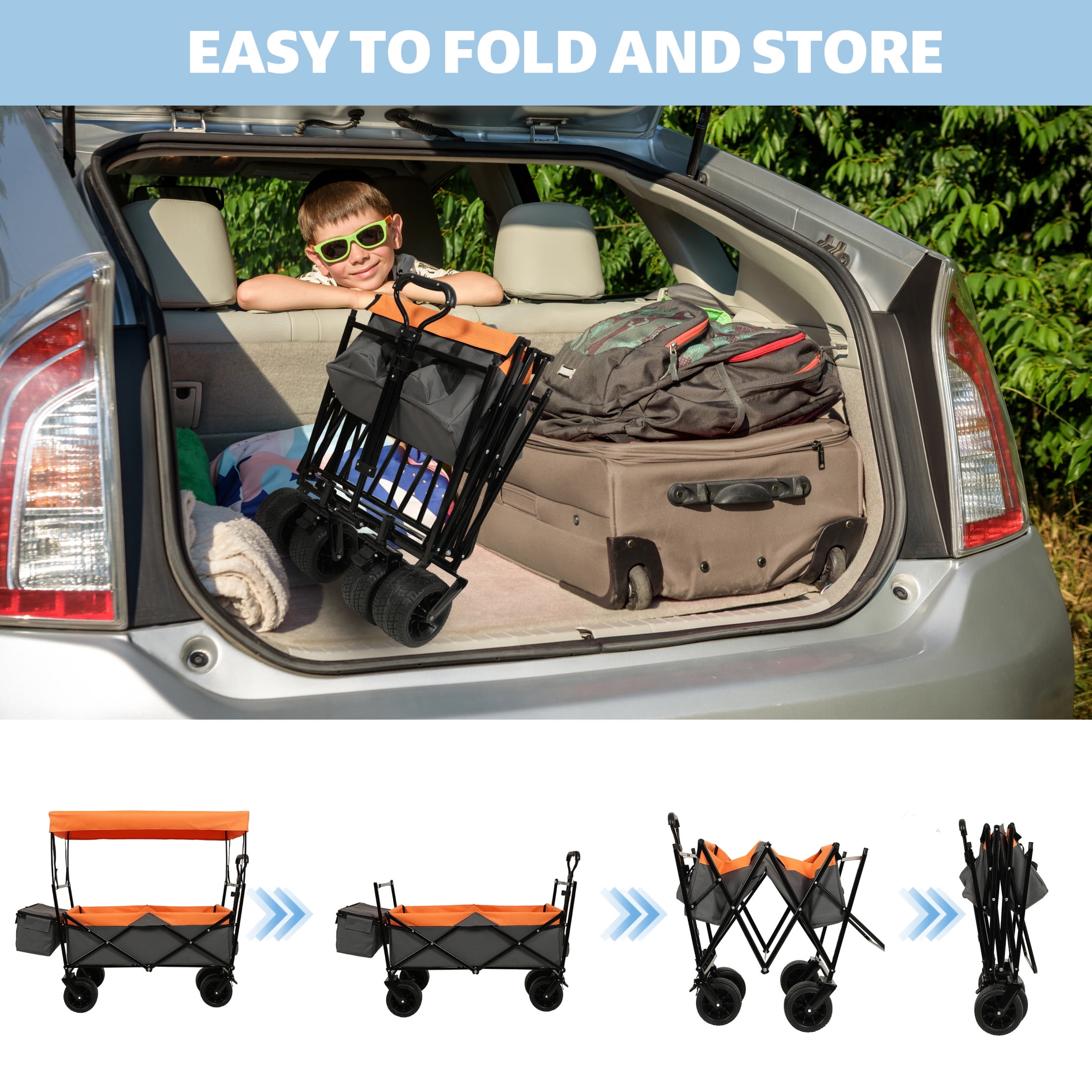 GDF Studio Collapsible Wagon Stroller with Removable Canopy and Mosquito Net, 7" All-Terrain Wheels, Orange