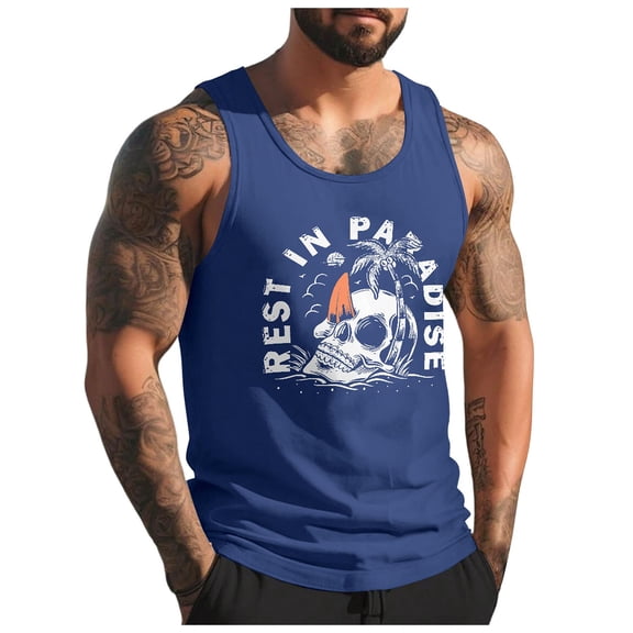 XIAOCHA Letter Skull Print Tank Top For Men Round Neck Sleeveless Summer Gym Workout Vest