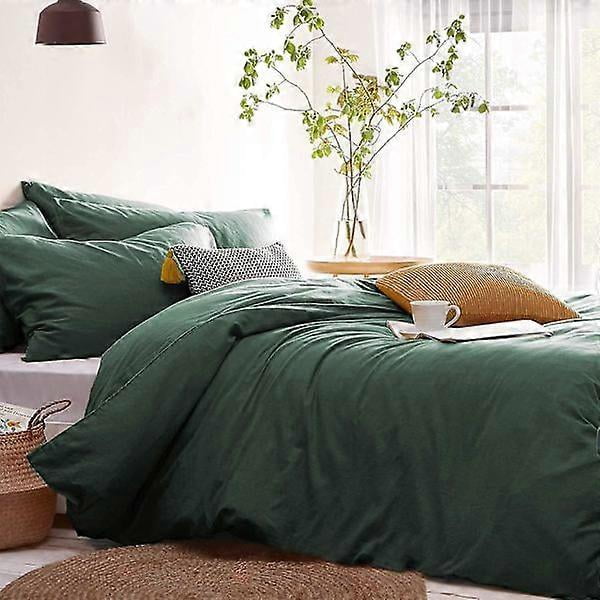 Double Duvet Cover Set Dark Green Solid Color Breathable Quilt 200x200cm With Zipper Closure And 2 Pillowcases 50x75cm