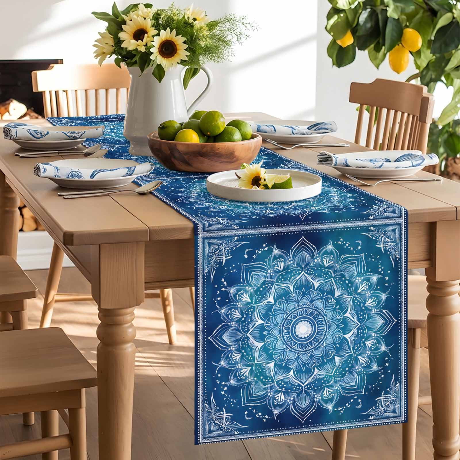 Retro Ethnic Tribal Flower Pattern Table Runner 90 Inches Long, Blue Background Table Runners Tabletop Scarf Kitchen Dining Tables Decoration for Home Party Indoor Outdoor