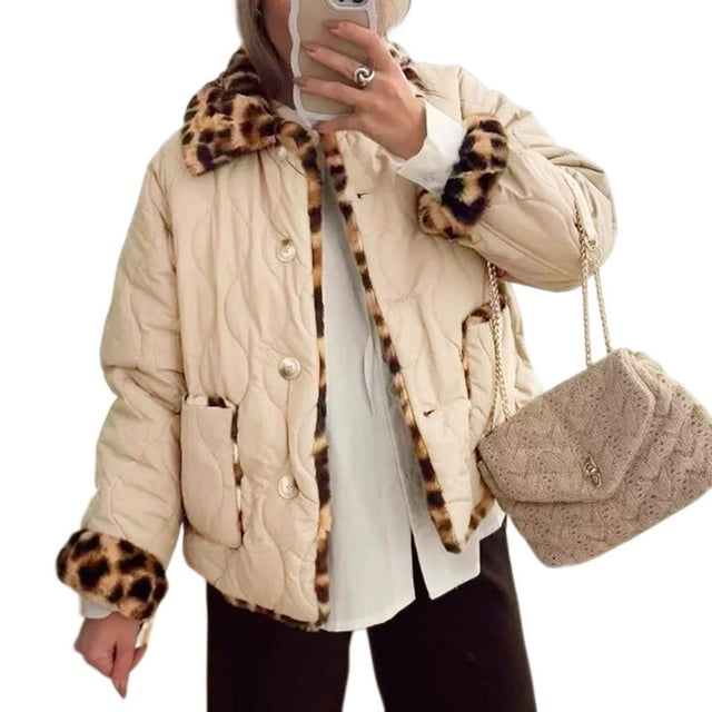 Veste Matelassée Doublée en Molleton Léopard pour Femmes, Réversible, à Revers, Manches Longues, Chaude, Rembourrée, avec Poches, m