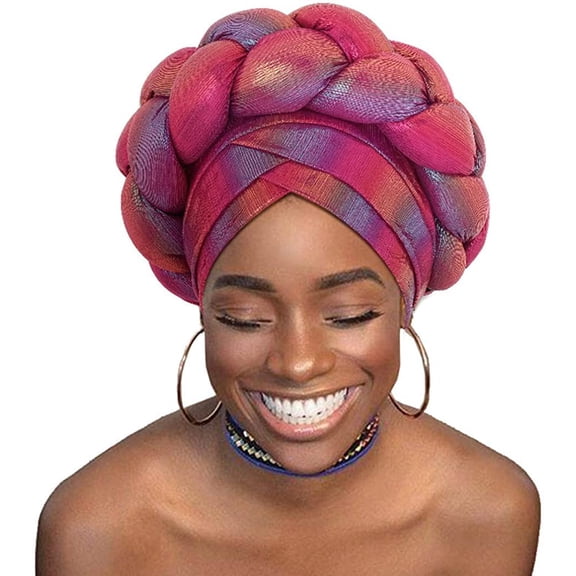 Woeoe Women African Turban Rose Red Braid Beanie Cap Headwear Pre-Tied Stretchy Twisted Head Turbans