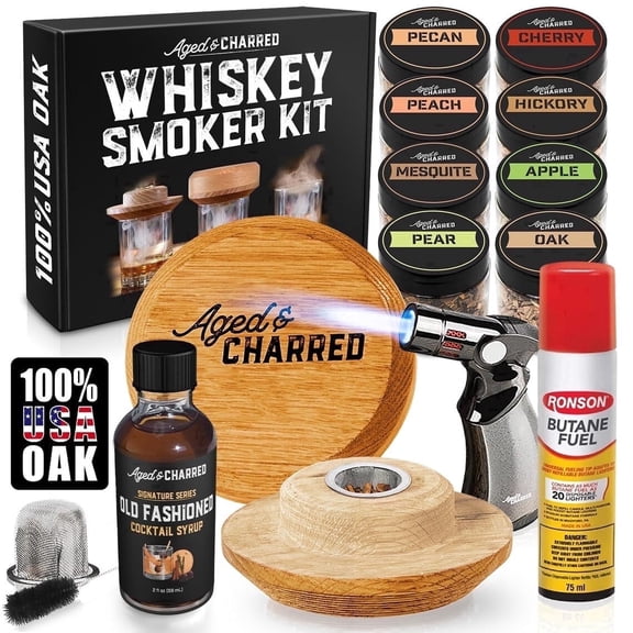Aged & Charred Whiskey Smoker Kit with Torch, Butane and Old Fashioned Syrup, Bourbon Cocktail Smoker Set with 8 Wood Chip Flavors