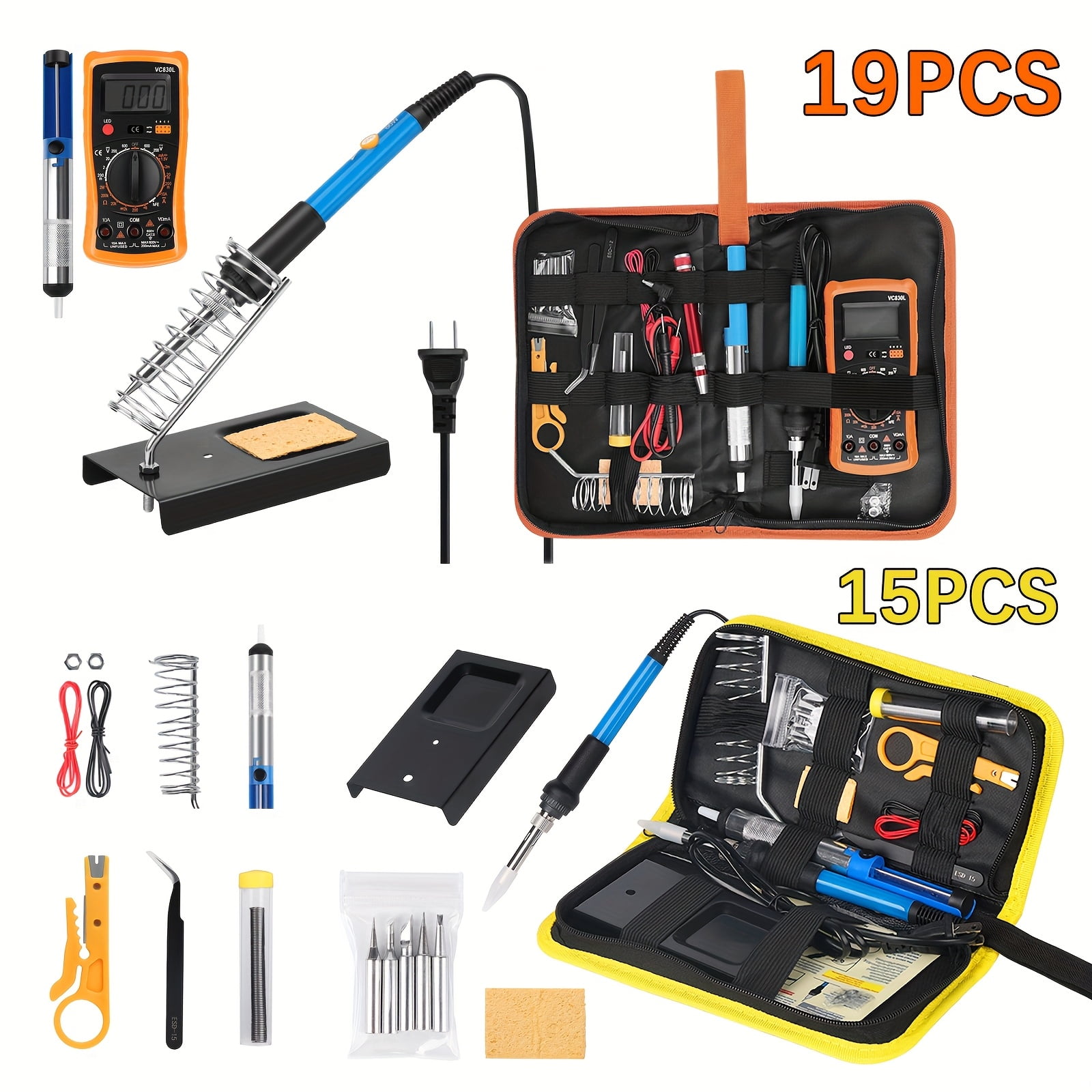 15/19pcs 60W Electrical Soldering Iron Kit - US Plug Adjustable Temperature 200-450°C Welding Tool, 15pcs Excludes Multimeter for DIY/Electronics Repair