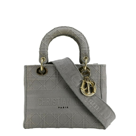 Pre-Owned CHRISTIAN DIOR Lady dior D-Lite Embroidered Cannage Canvas Shoulder Bag Gray