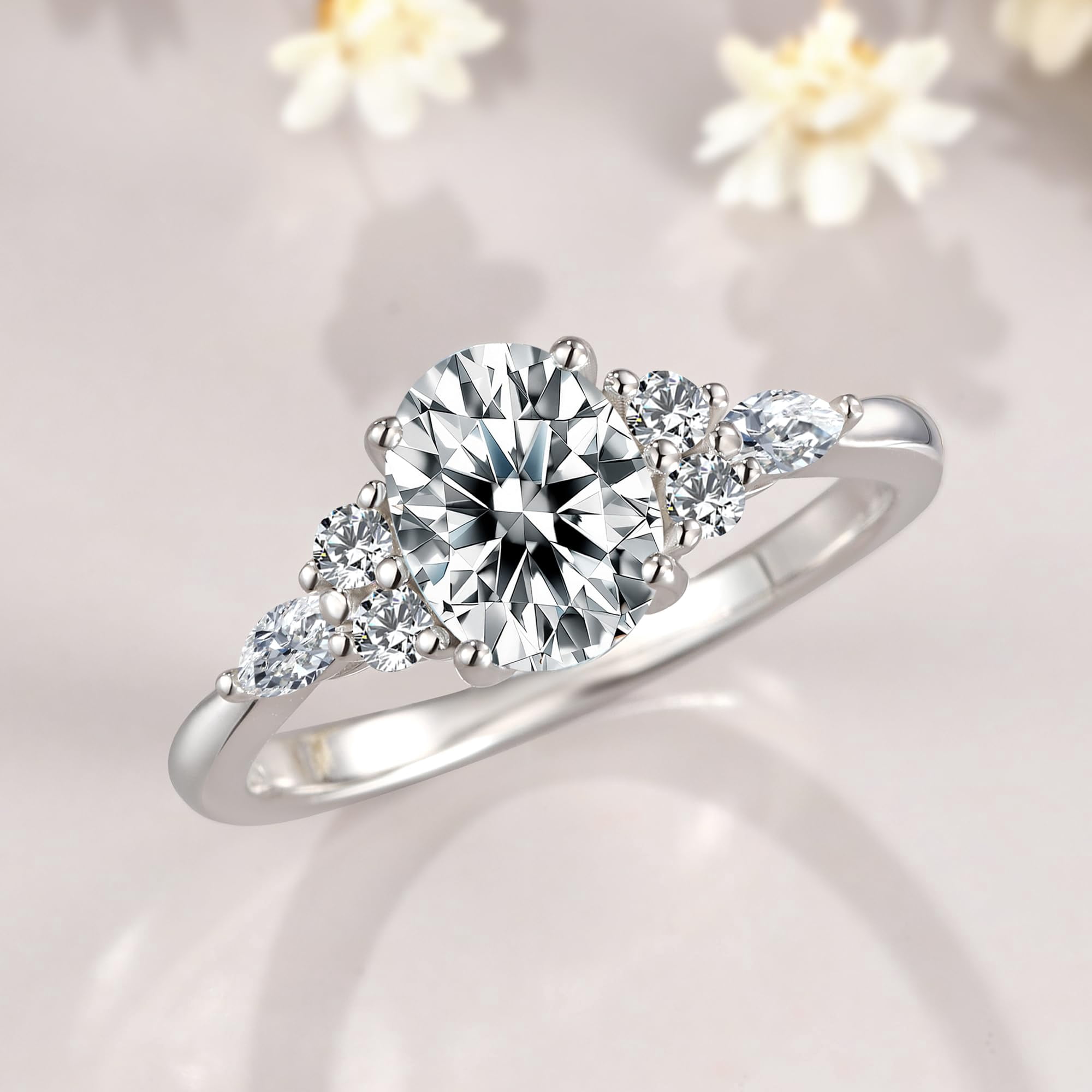 AUMIFY Moissanite Engagement Ring for Women Oval Cut Statement Rings 925 Sterling Silver Plated White Gold April Birthstone Valentine's Day Promise Wedding Anniversary Christmas Gift for Her Size 5.5
