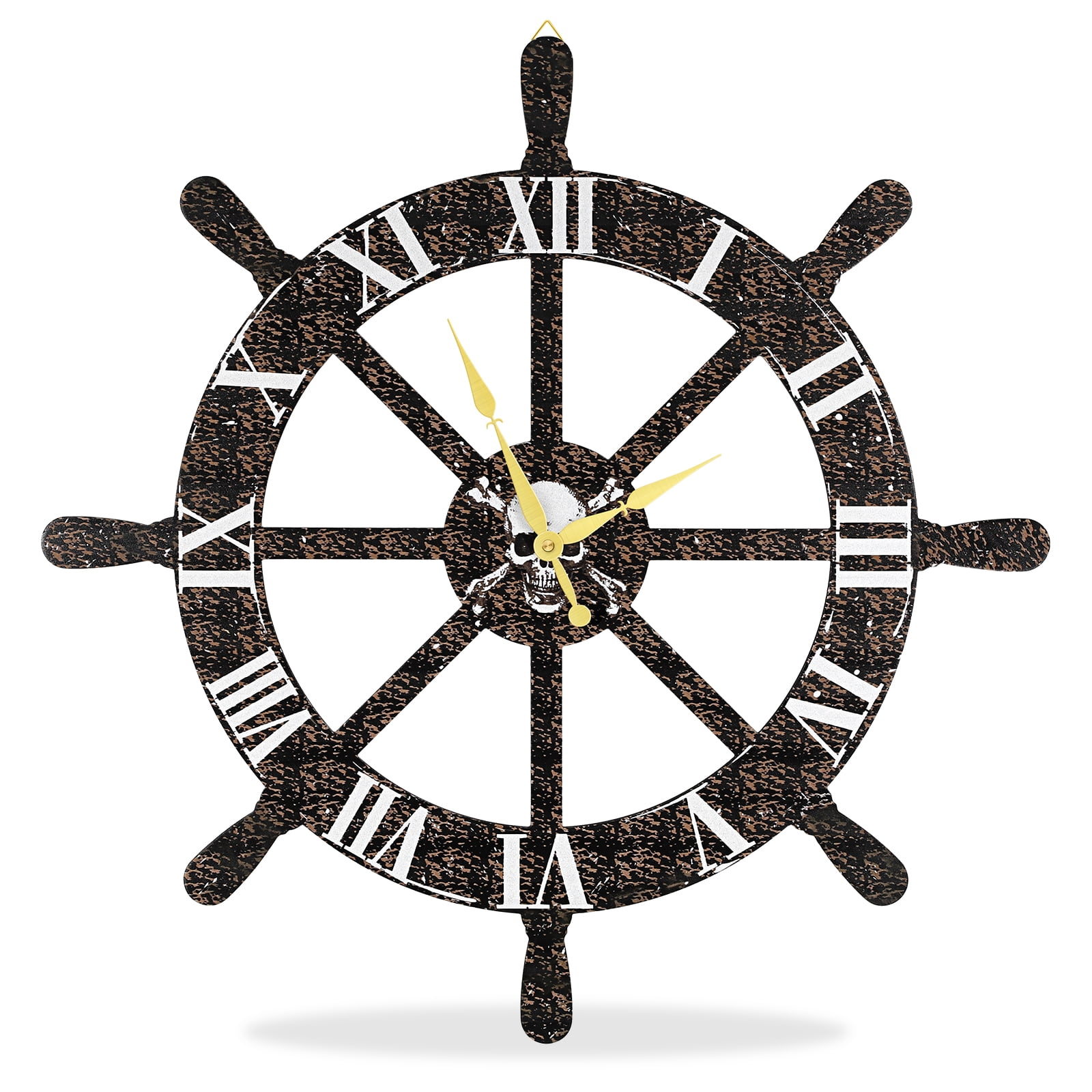 23 Inch Pirate Ship Wheel Wall Clock with Golden Hands, Nautical Wooden Wall Clock