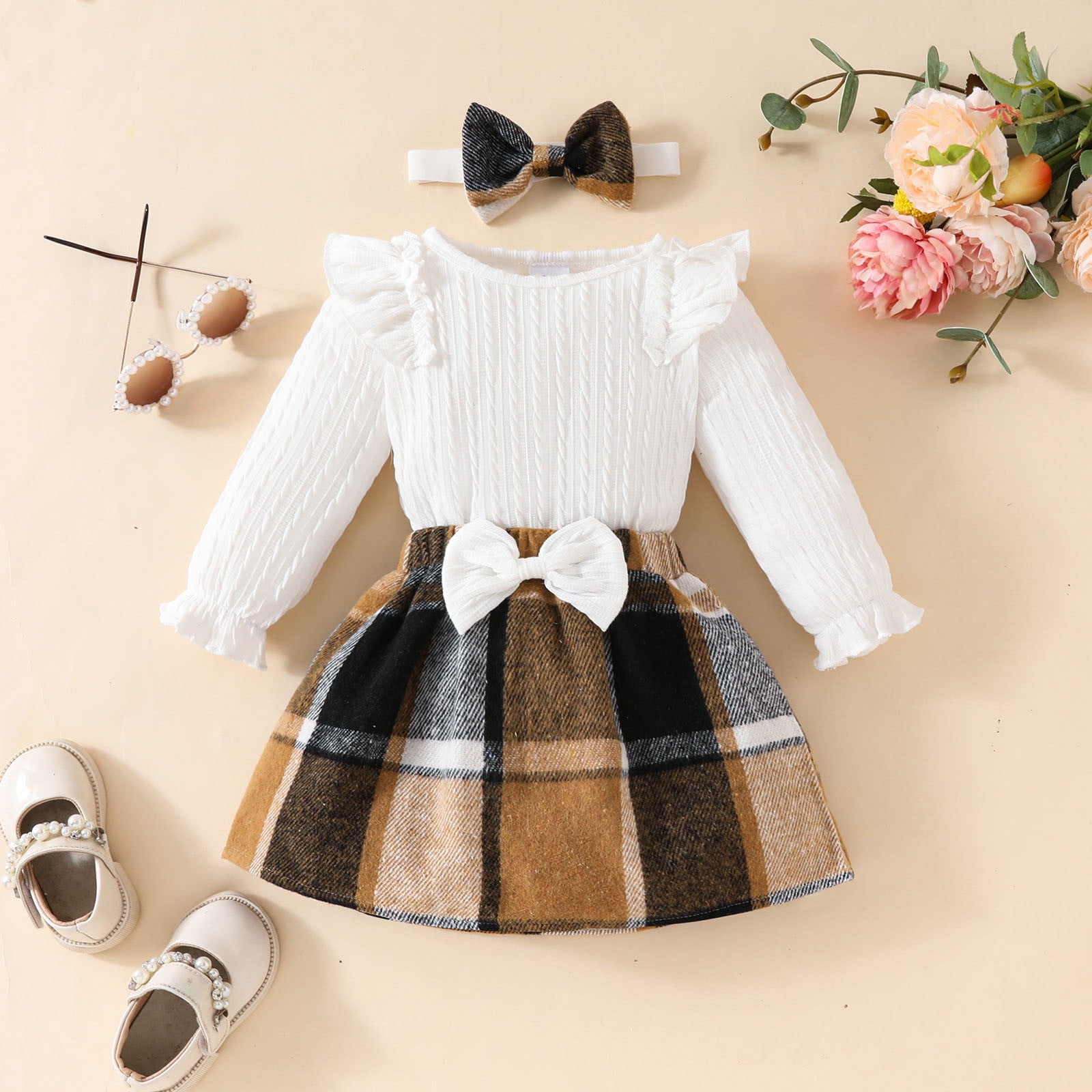 WENXIAOO Toddler Girls Plaid Skirt Set Ruffles Long Sleeve Ribbed